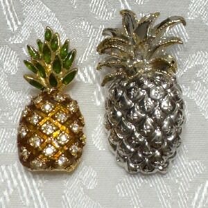 Lot 2 Vintage Silver & Gold Tone Pineapple Brooch Pins Rhinestone Fruit
